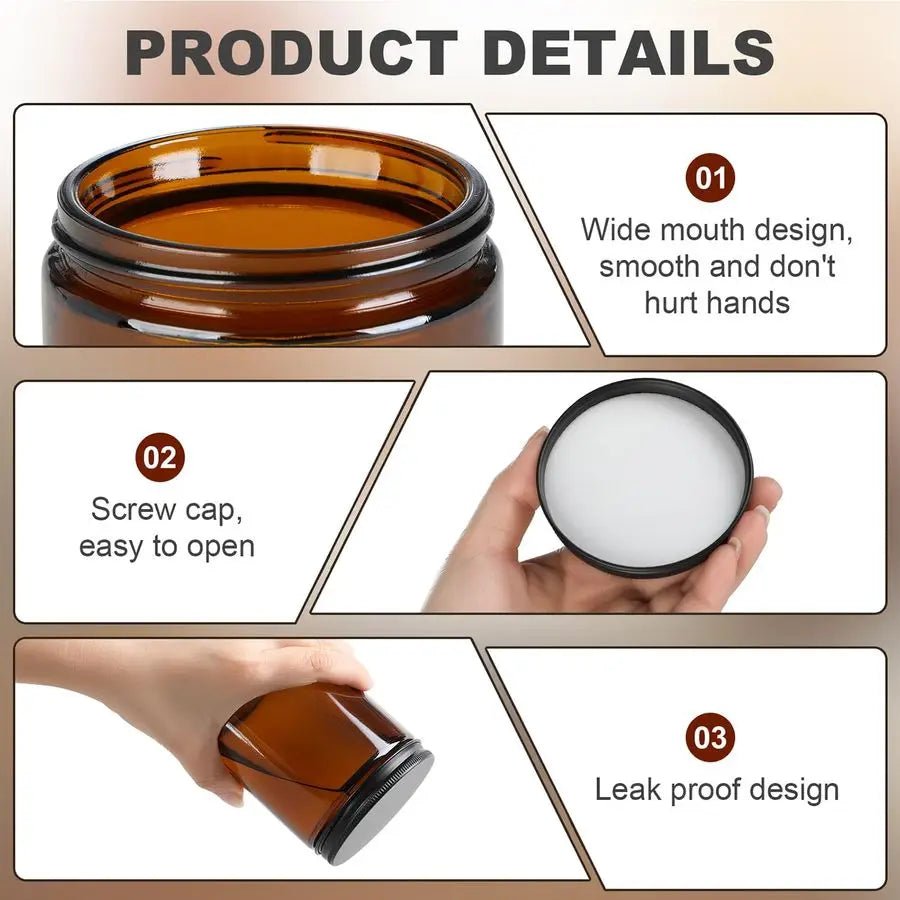 12 Pack Amber Glass Jars, 8 Oz Thick Amber Round Glass Jars, with Black Metal Lids, for Spice, Liquid, Sample, Leakproof and Dis