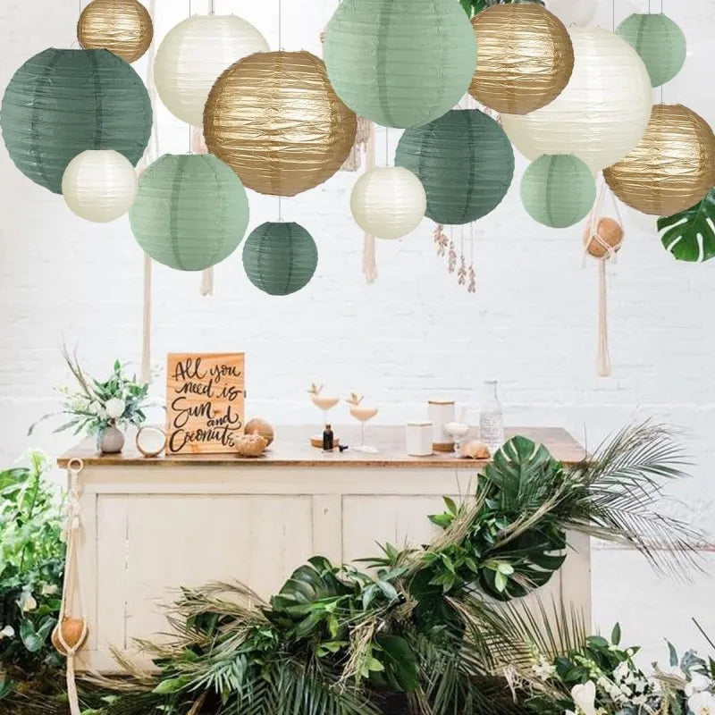 15Pcs Sage Green Set Round Paper Lantern For Baby Girl Shower Decoration Baptism Party Decor Hanging Pompom Crafts Ornament