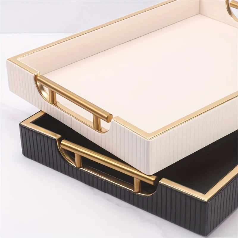 Wooden Decorative Tray with Faux Leather Handles, Striped & Gold Accent Serving Tray for Coffee Table, Hotel Room Organizer