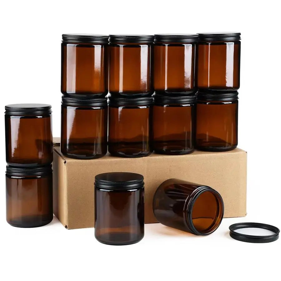 12 Pack Amber Glass Jars, 8 Oz Thick Amber Round Glass Jars, with Black Metal Lids, for Spice, Liquid, Sample, Leakproof and Dis