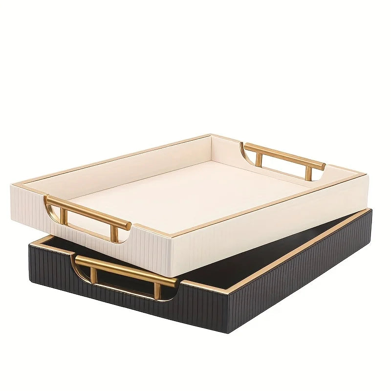 Wooden Decorative Tray with Faux Leather Handles, Striped & Gold Accent Serving Tray for Coffee Table, Hotel Room Organizer
