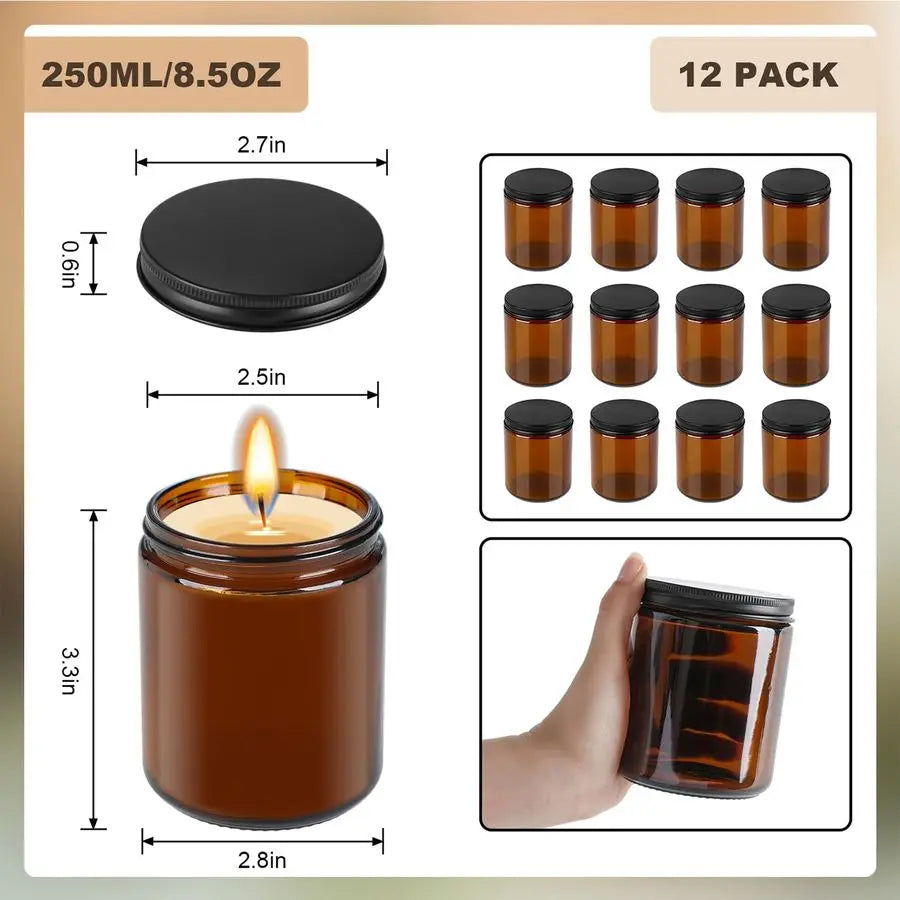 12 Pack Amber Glass Jars, 8 Oz Thick Amber Round Glass Jars, with Black Metal Lids, for Spice, Liquid, Sample, Leakproof and Dis